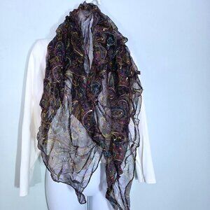 NWOT Lightweight Chiffon Burgundy & Blue Square Scarf Wrap with Gold Accents